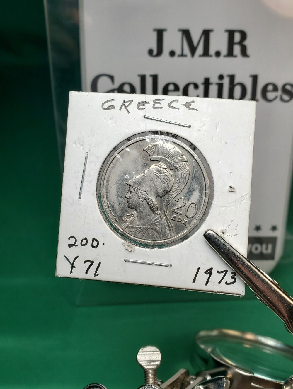 1973 Greece 20 Drachmai Coin Helmeted Athena Phoenix Bird Military Regime KM 112